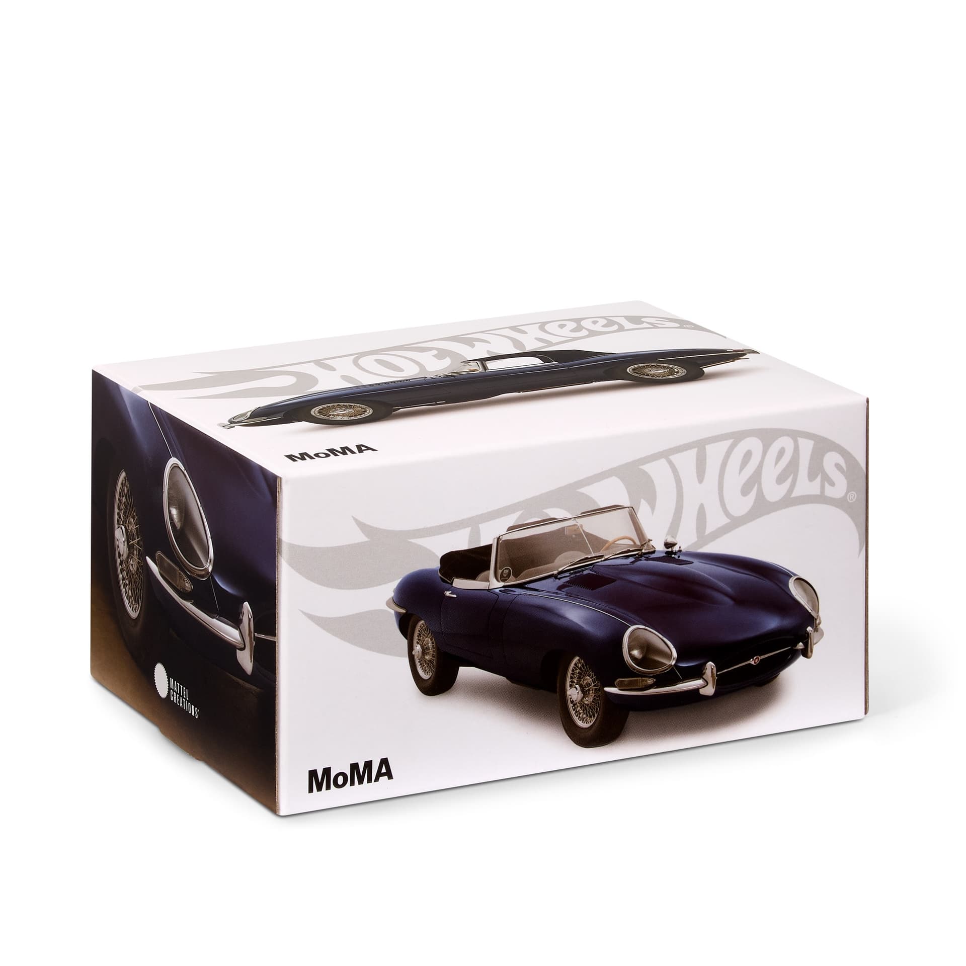 Vintage blue roadster with minimalist packaging. Hot Wheels x MoMA Jaguar E-Type Roadster, Toys, Games & Sports design by Mattel, Inc., a 2026 GDUSA award winner