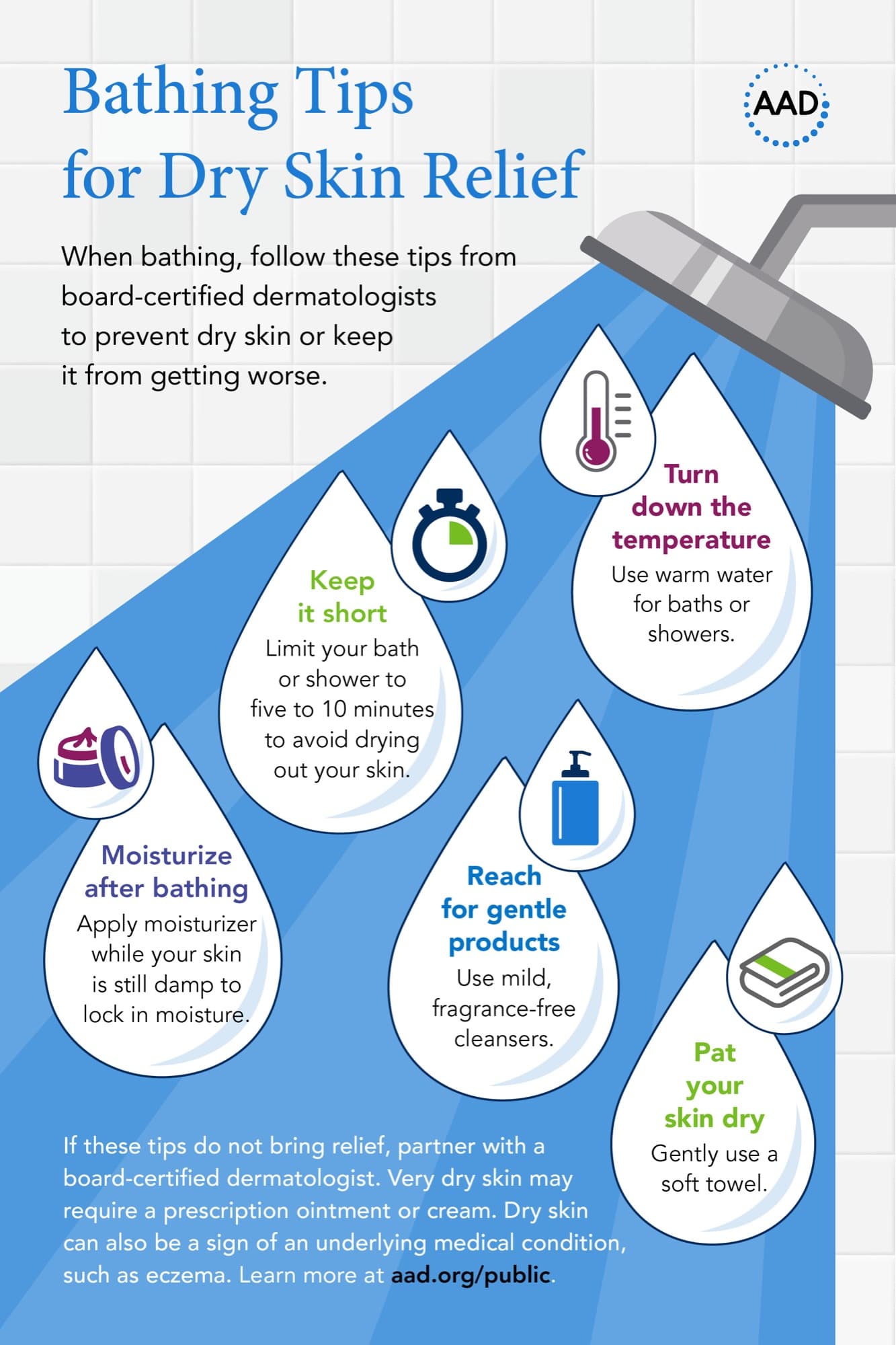 AAD Bathing Tips for Dry Skin Relief Infographic