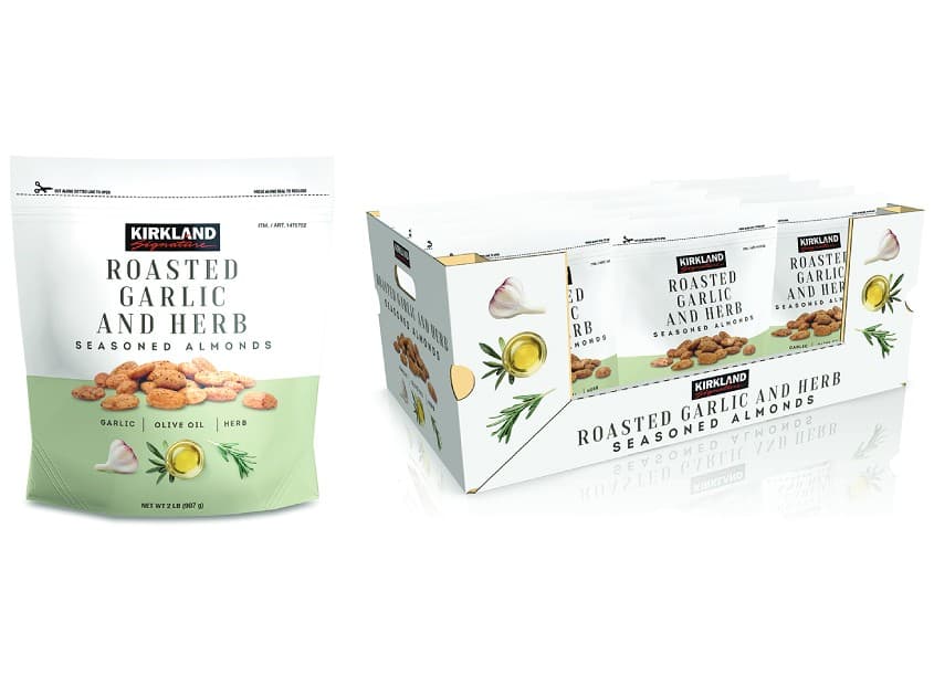 Kirkland Signature Roasted Garlic & Herb Seasoned Almonds Package Design