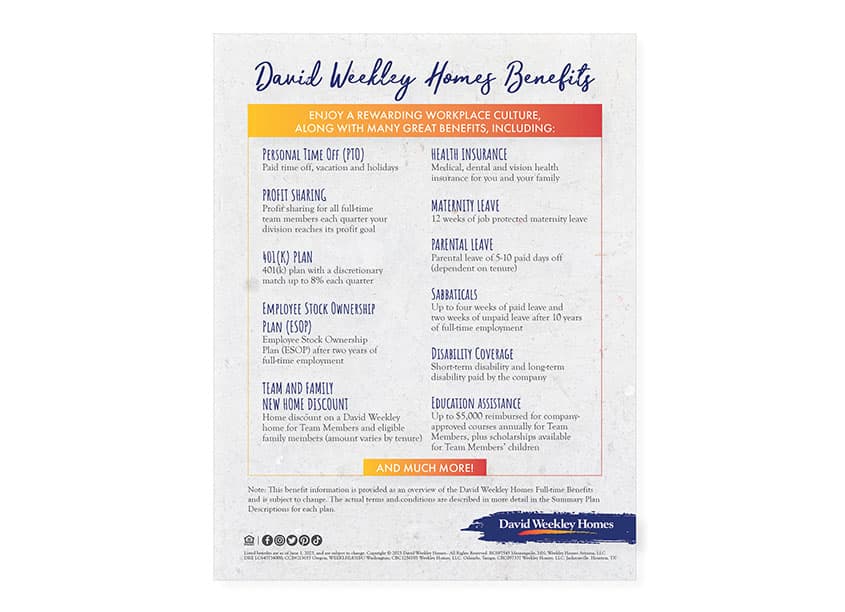 David Weekley Homes Benefits Flyer
