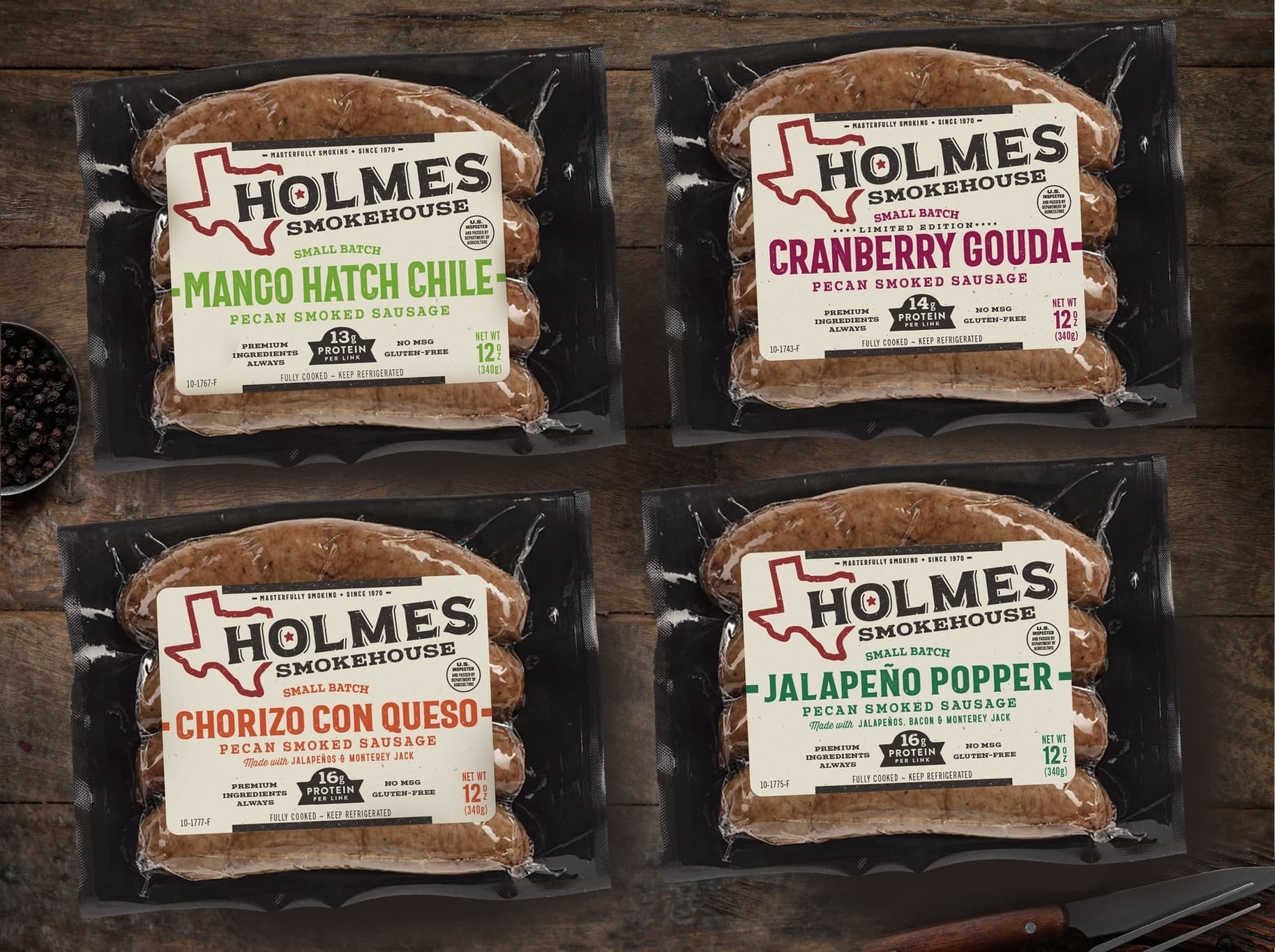Holmes Smokehouse Pecan Smoked Sausages Rebrand and Packaging — Food & Beverage design — by Stacy Karzen LLC — 2025 GDUSA award entry