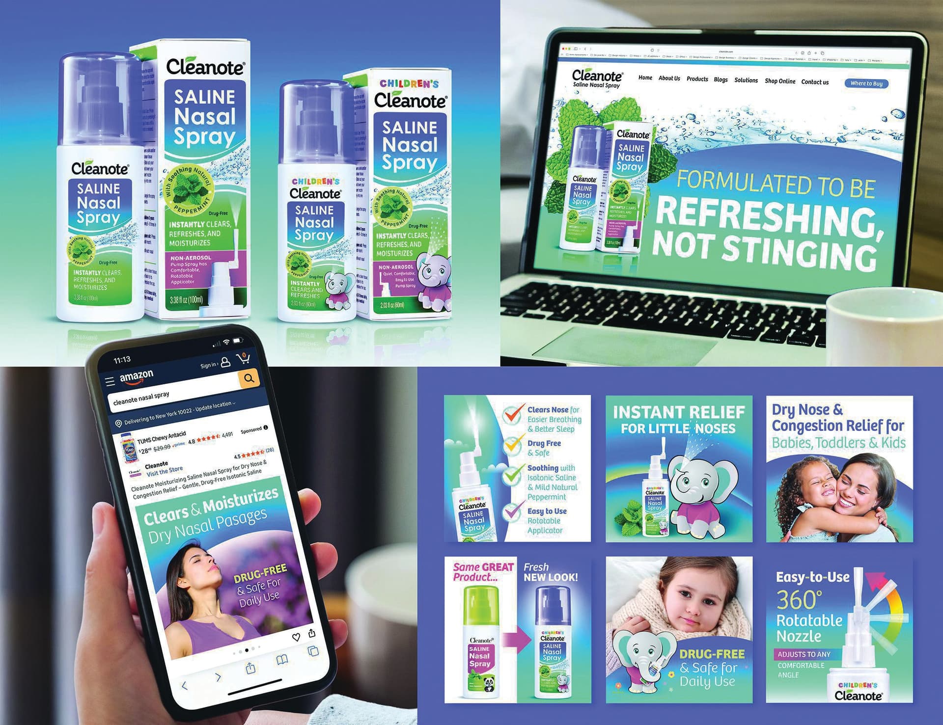 Vibrant branding featuring Cleanote nasal spray products, playful elephant mascot, and user-friendly digital interface · Cleanote Nasal Spray Digital Branding Assets — Digital Branding Assets design — by Cuticone Design LLC — 2026 GDUSA award entry