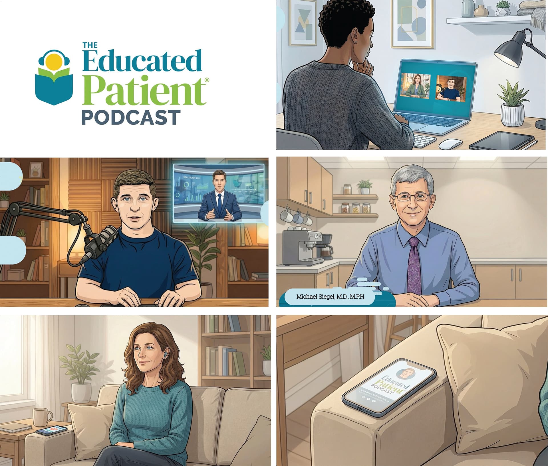 A collage of illustrated scenes featuring diverse individuals engaging with health-related content · The Educated Patient Podcast — AI Integration design — by MJH Life Sciences — 2026 GDUSA award entry