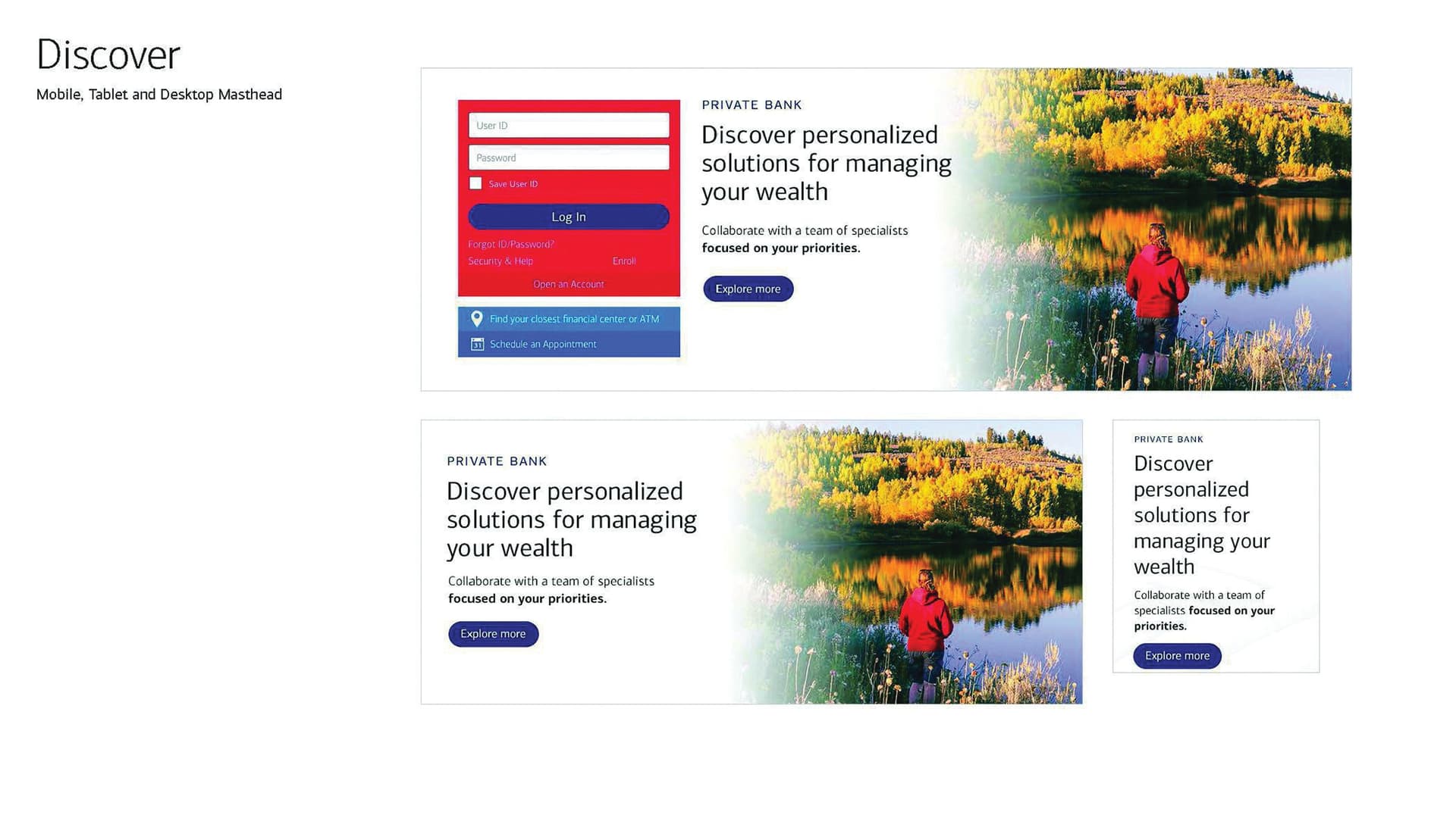 A serene landscape with vibrant autumn colors, featuring a person by a reflective lake · Personalized Solutions for Managing Wealth Banner Ad — Digital Ads/Banners design — by Bank of America, Enterprise Creative Solutions — 2026 GDUSA award entry