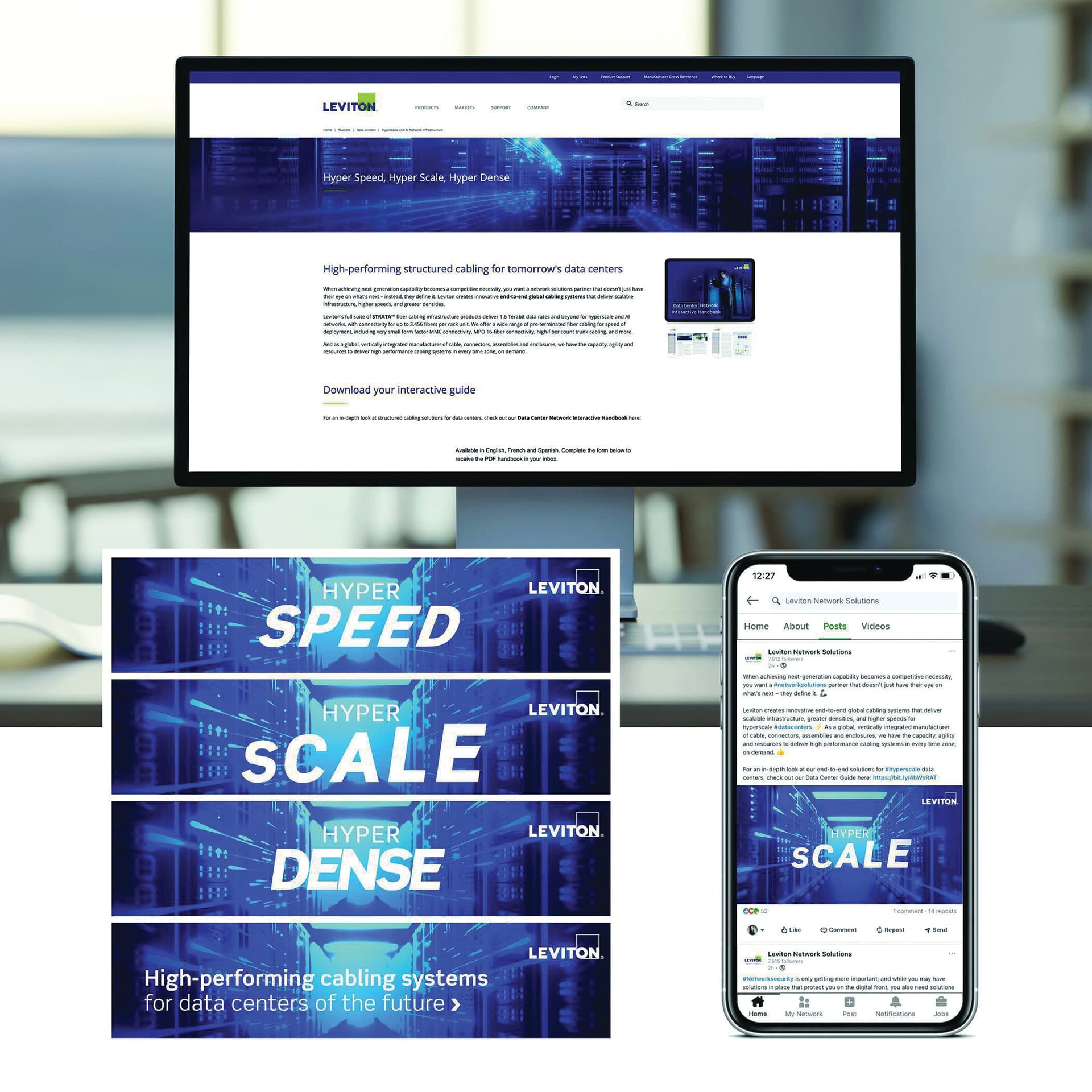A sleek digital display featuring bold text and a tech-inspired blue palette · Hyper Speed, Hyper Scale, Hyper Dense Digital Banner Ads and Social Media Posts — Digital Ads/Banners design — by Leviton Network Solutions — 2026 GDUSA award entry