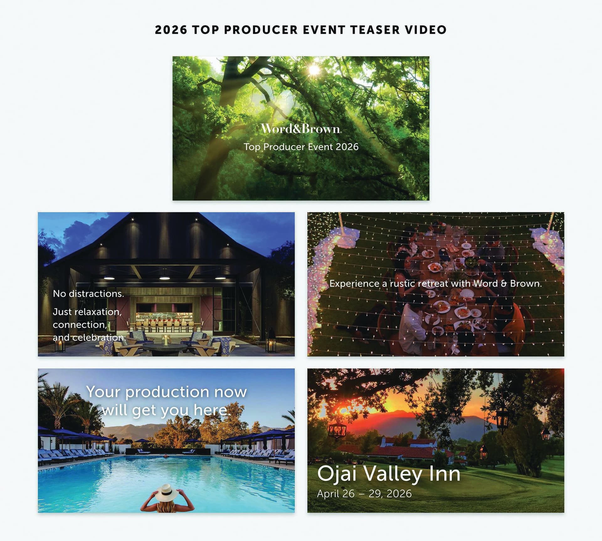 A serene collage showcasing nature, relaxation, and elegant event settings · Top Producer Event Teaser Video — Motion/Video/Animation design — by The Word & Brown Companies — 2026 GDUSA award entry