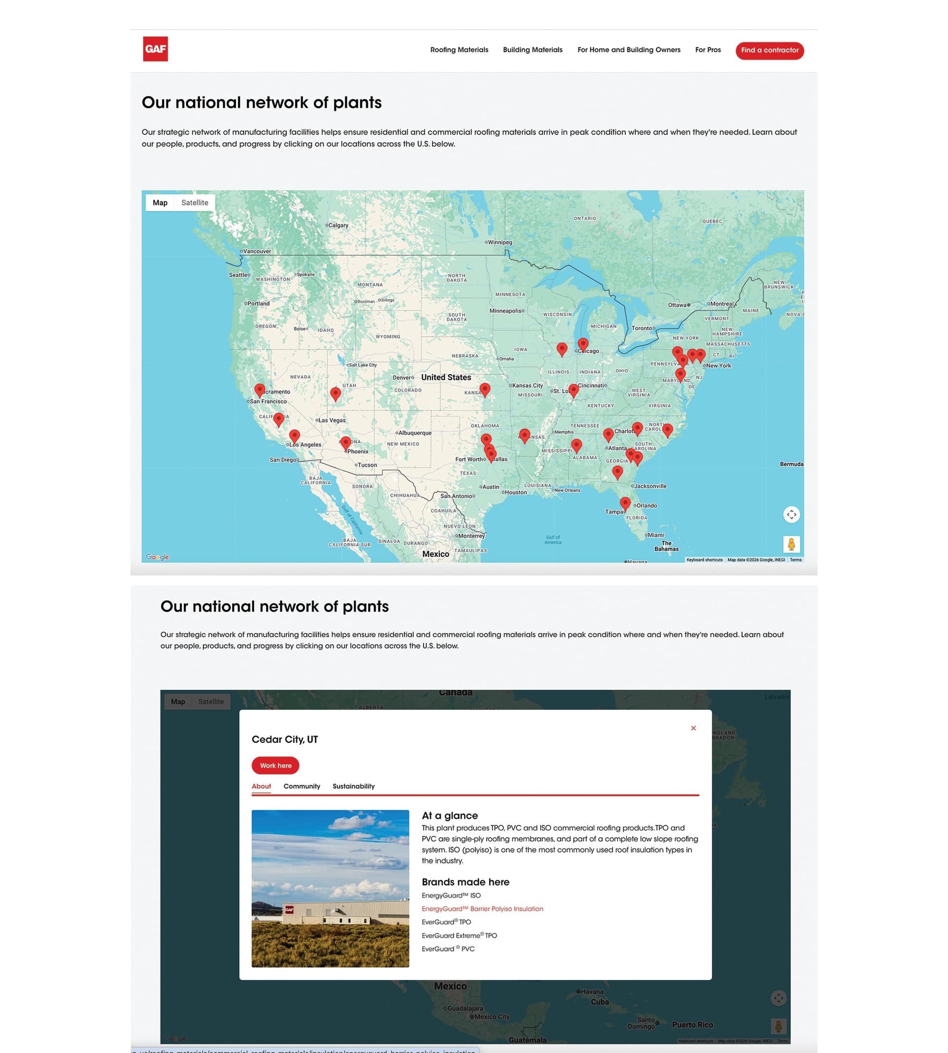 Interactive map showcasing GAF's national plant network with detailed regional information · GAF About Us National Plant Map — Apps/Widgets design — by GAF — 2026 GDUSA award entry