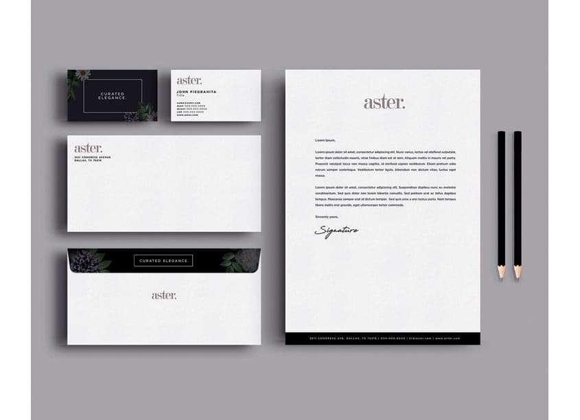 Aster Stationery Set — Branding + Identity Programs design — by Streetsense — 2018 GDUSA award winner