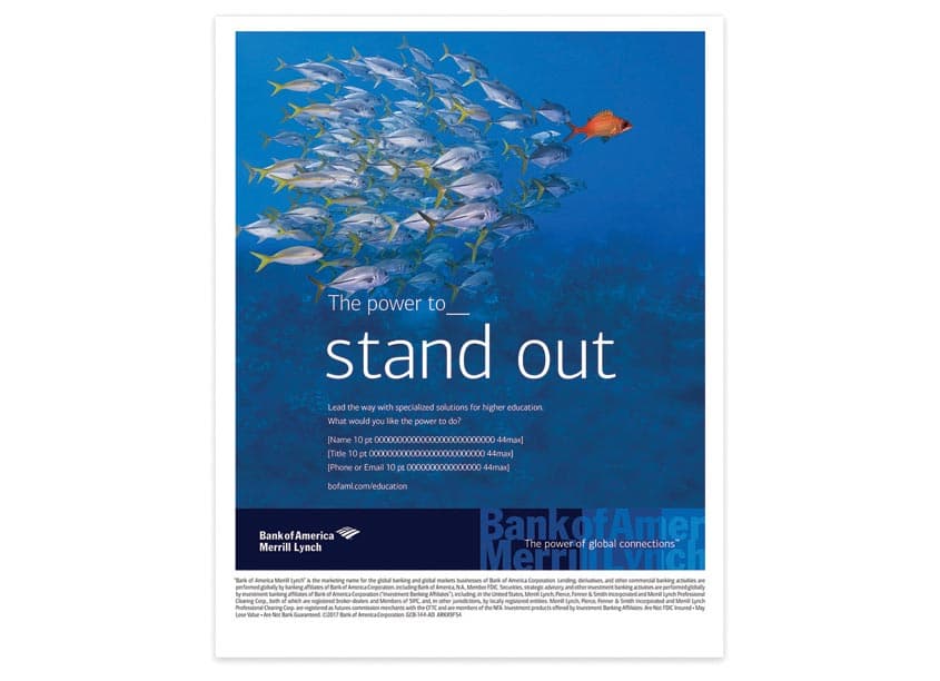 Higher Education Industry Stand Out Ad — Advertising + Ad Campaigns design — by Bank of America, Enterprise Creative Solutions — 2018 GDUSA award winner