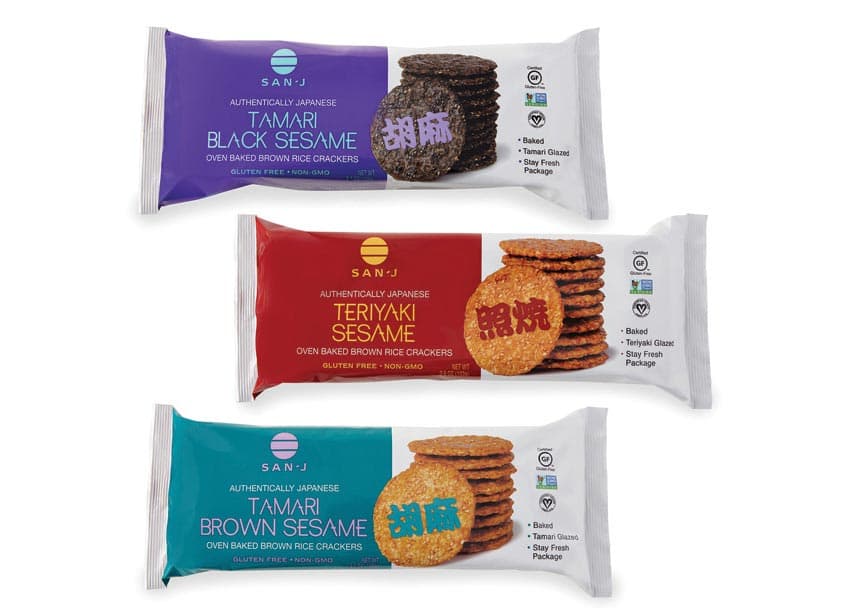 San-J Brown Rice Crackers Package Design — Package Design — by Gauger + Associates — 2018 GDUSA award winner