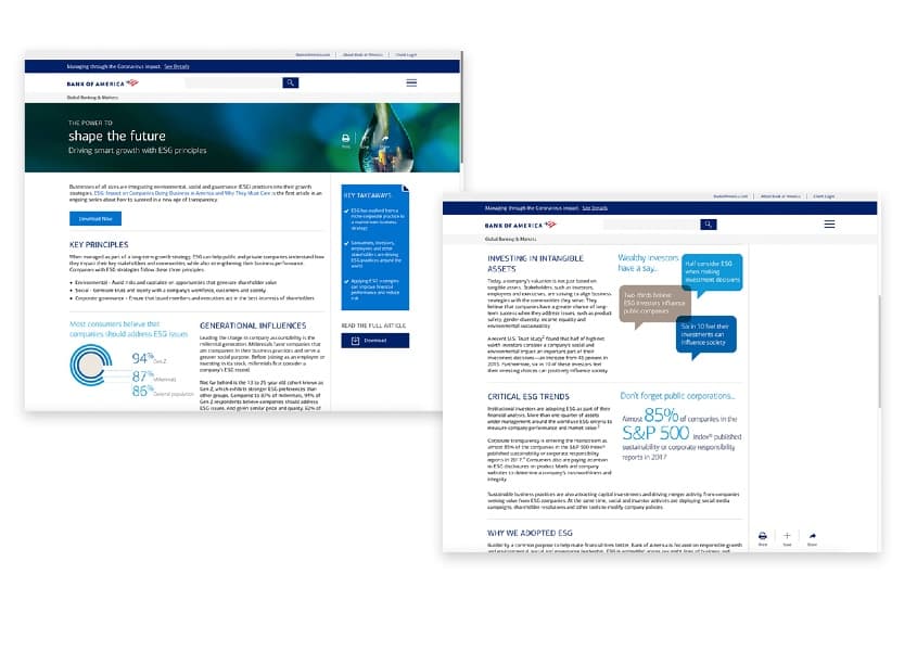 Environmental Social and Governance (ESG) Website — Website & UX/UI Design — by Bank of America, Enterprise Creative Solutions — 2020 GDUSA award winner