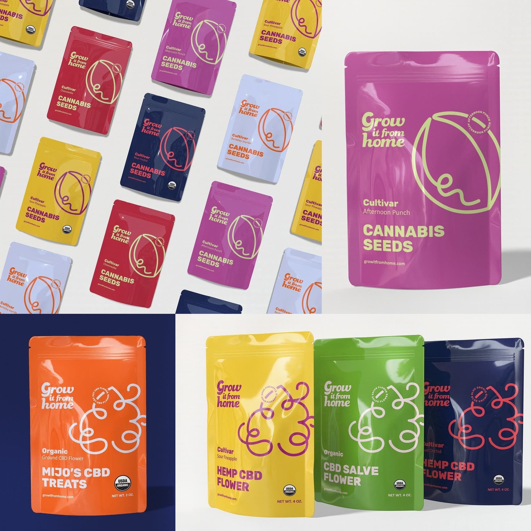 Grow It From Home Seed & Flower Packaging — Cannabis Branding + Logos design — by Monica Lo — 2025 GDUSA award entry