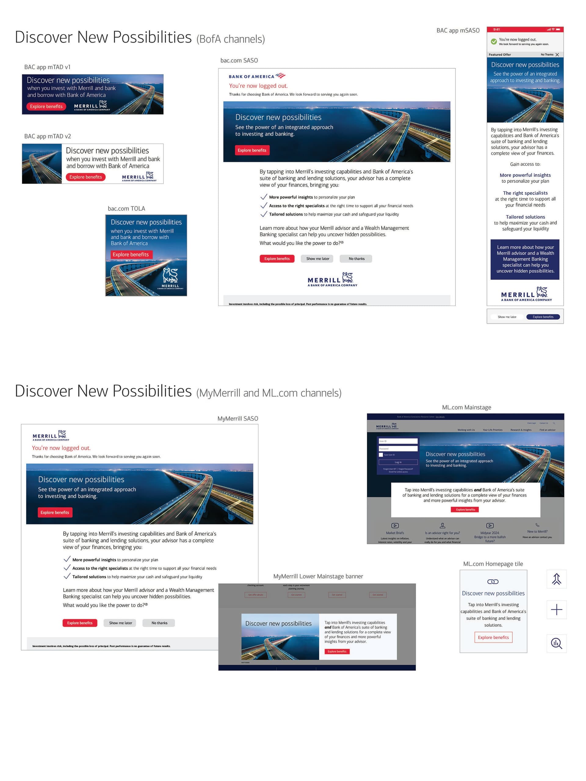 A sleek digital ad layout featuring a bridge, blue tones, and clear call-to-action buttons · Discover New Possibilities Digital Ads — Digital Ads/Banners design — by Bank of America, Enterprise Creative Solutions — 2026 GDUSA award entry