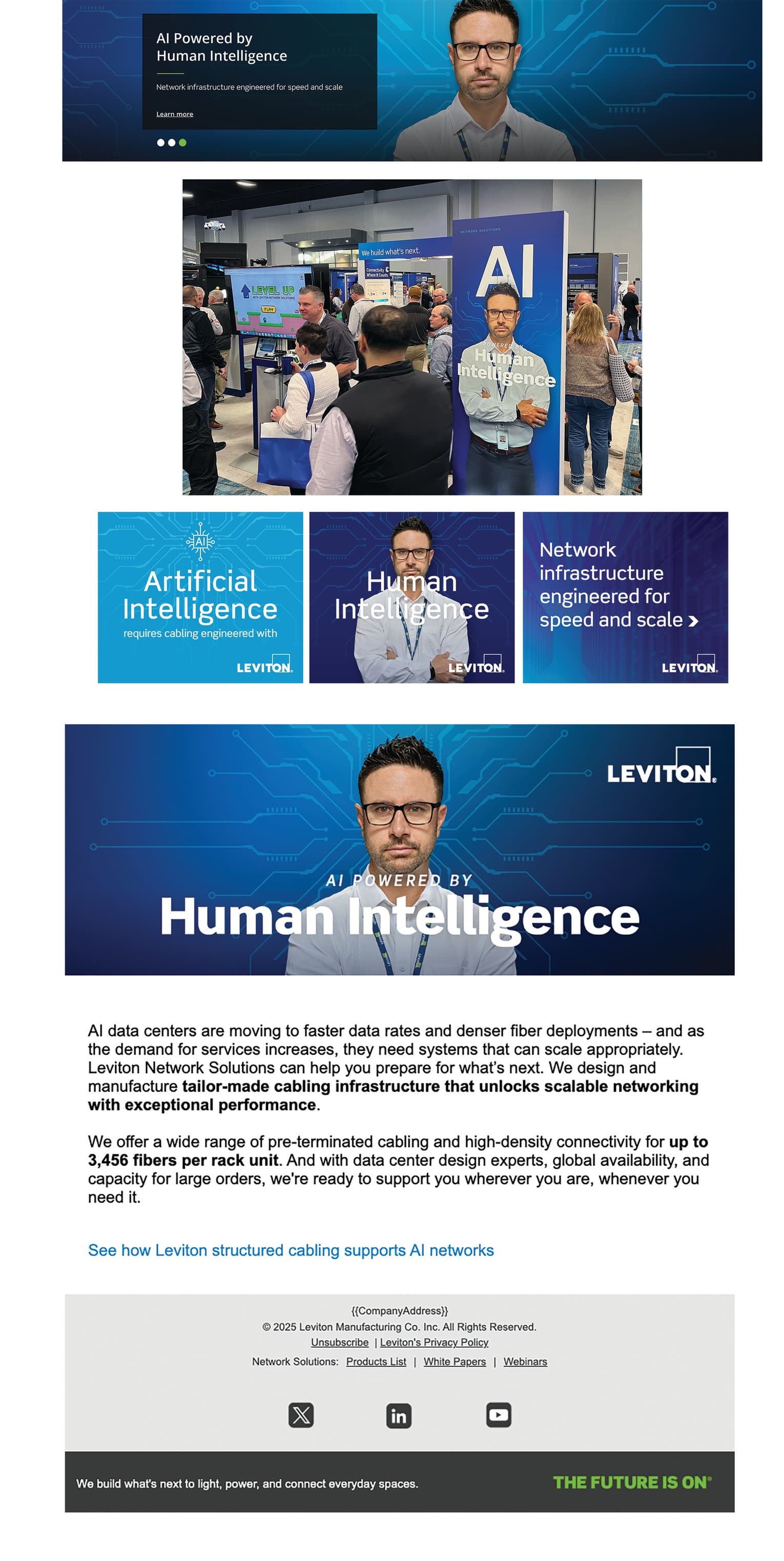 A sleek digital banner featuring a modern tech aesthetic, blue and white palette, and engaging visuals · AI Powered By Human Intelligence Digital Banner Ads and Social Media Posts — Digital Ads/Banners design — by Leviton Network Solutions — 2026 GDUSA award entry