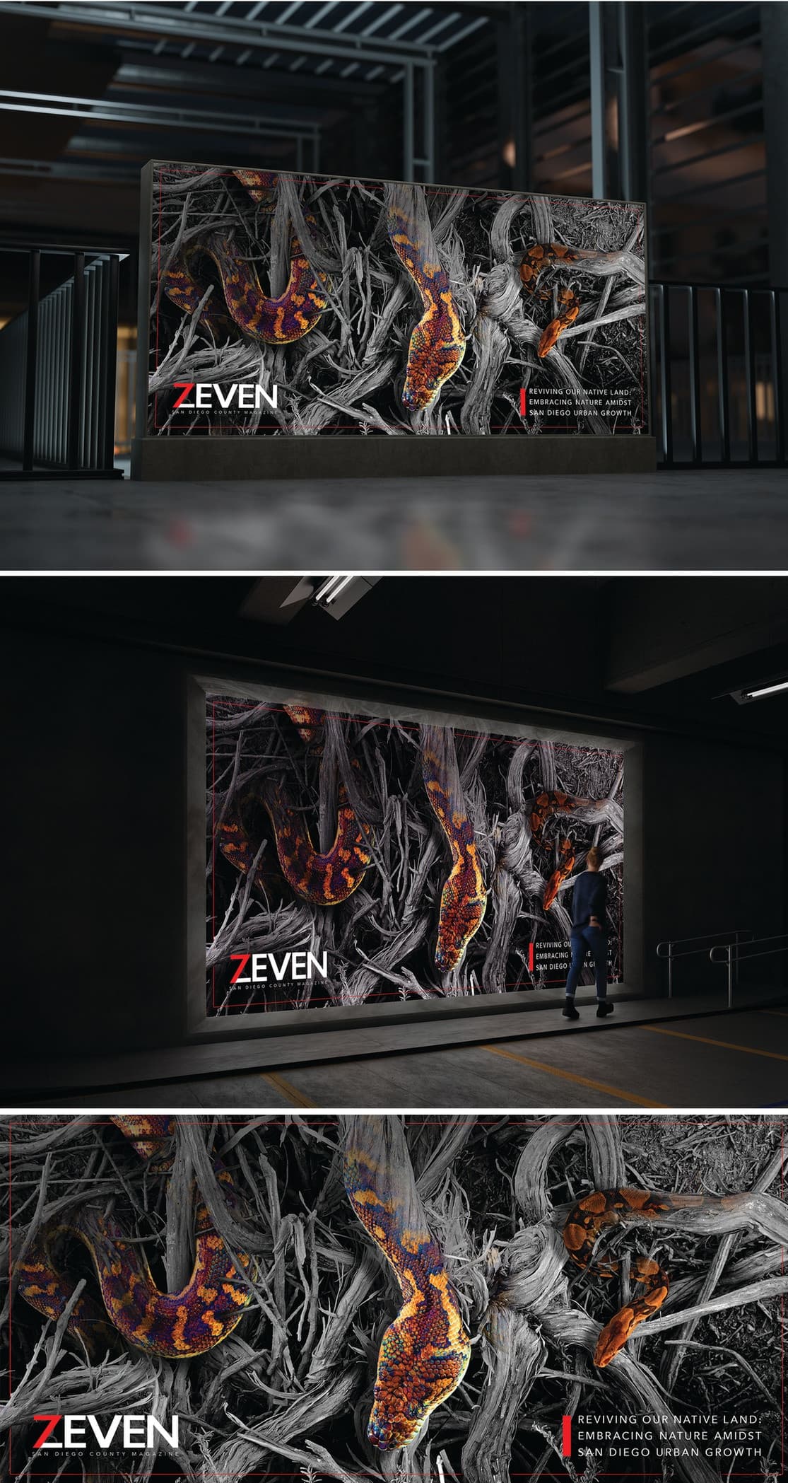 A striking poster featuring vibrant snakes intertwined with intricate, dark roots · Disappearing Roots Disappearing Nature Posters - Snakes — Digital Ads/Banners design — by Freaner Creative — 2026 GDUSA award entry