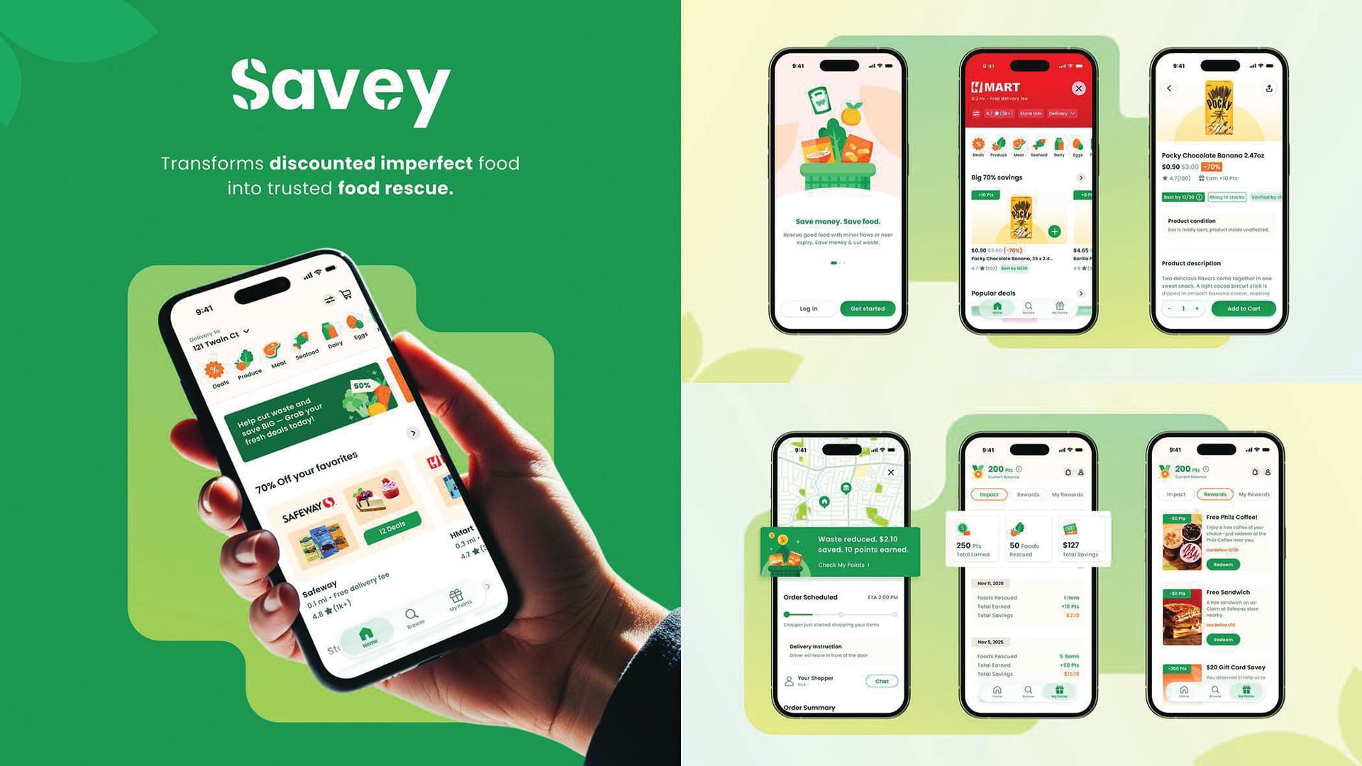 A vibrant app interface showcasing discounted food items with a green, eco-friendly theme · Savey: Food Waste App In Grocery Store — Apps/Widgets design — by Irene Kadir — 2026 GDUSA award entry