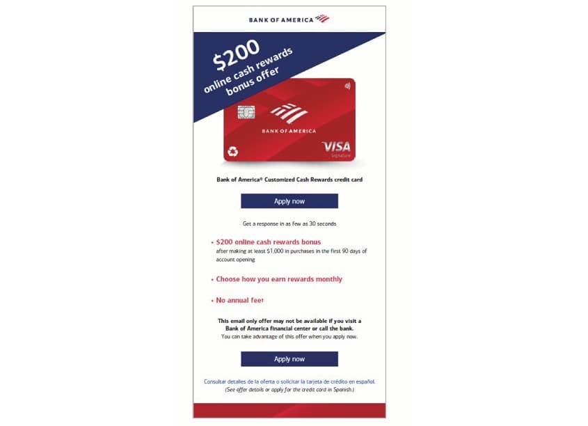 Bank of America Customized Cash $200 Bonus Offer Email